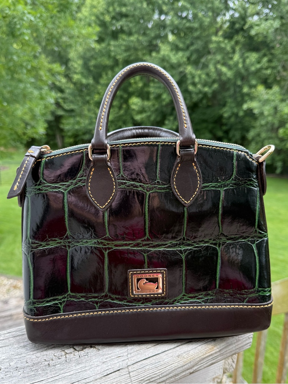Dooney & Bourke Green Croc-Embossed Leather mini Dillen Satchel Dark Brown Trim - Picture 5 of 16